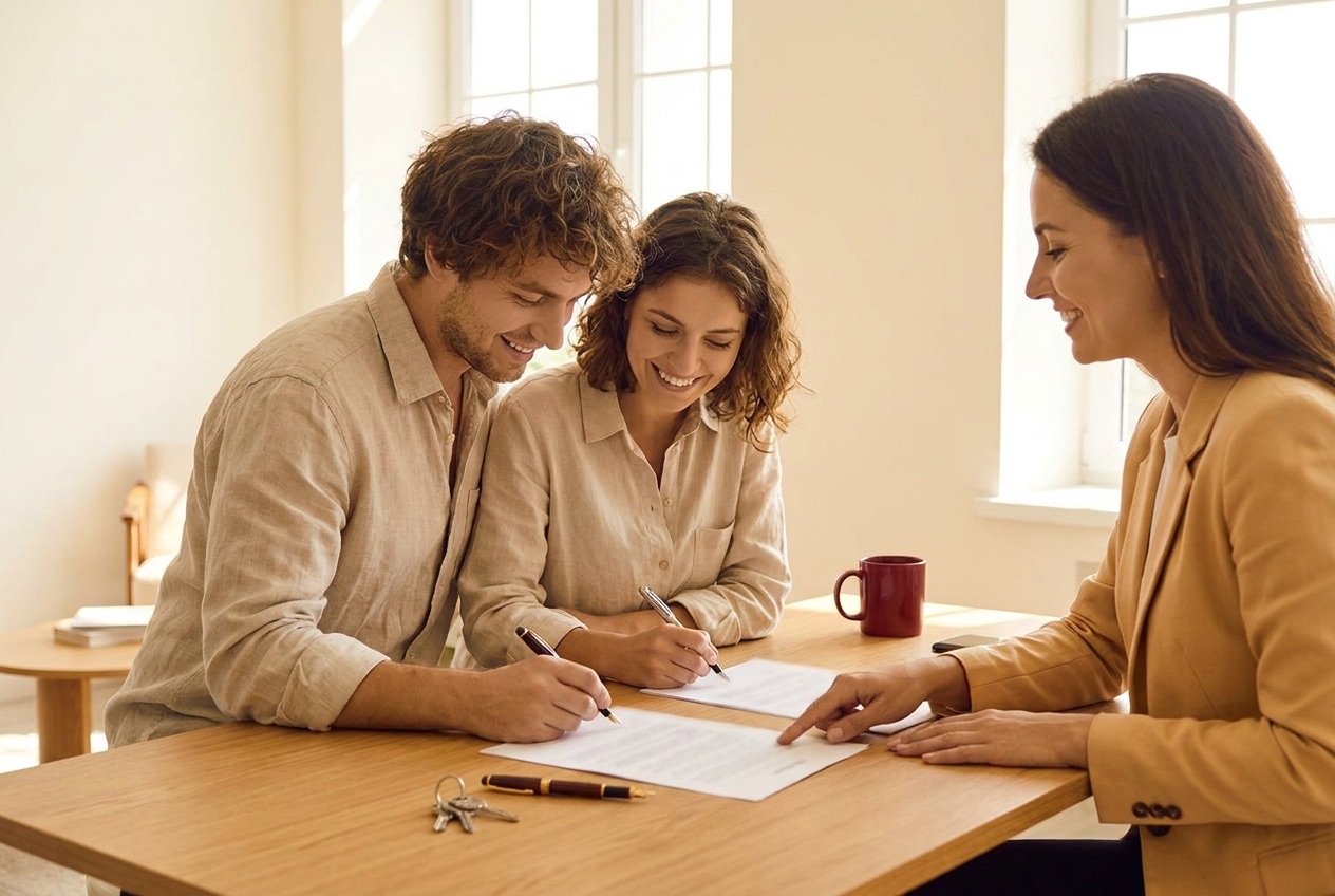 Couple signant une assurance emprunteur avec un courtier